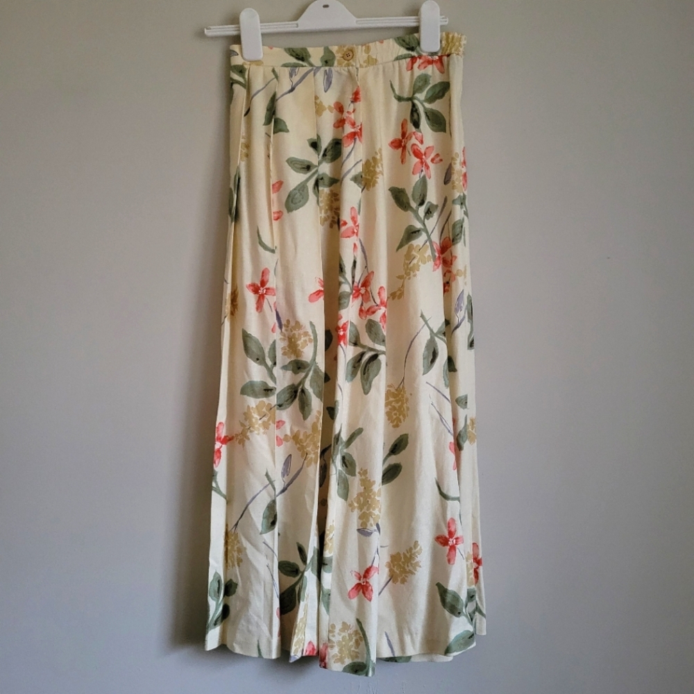 Vintage Orvis Linen Blend Pleated Maxi Cottagecore Floral A-line USA Skirt